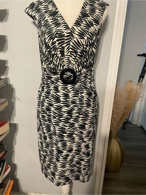 David Meister Black and White Zebra-Print Midi Dress with Belt